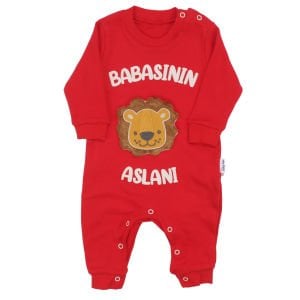 Erkek Bebek Kırmızı Babasının Aslanı Yazılı Çıtçıtlı Tulum