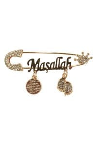 Unisex Beyaz Taşlı Gold Maşallah Yazılı Bebek Yaka İğnesi