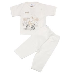 Unısex Ekru Bisikletli Tavşan Baskılı Pijama Takımı 0-3 Ay