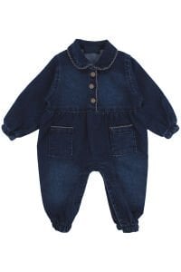 Kız Bebek Mavi Kahve Biyeli Yakalı Düğmeli Kot Tulum