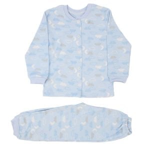 Erkek Çocuk Mavi Bulutlu Baskılı Çıtçıtlı 2'li Pijama Takımı