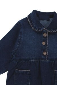 Kız Bebek Mavi Kahve Biyeli Yakalı Düğmeli Kot Tulum