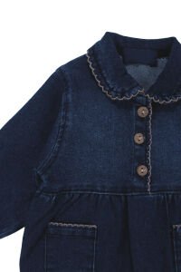 Kız Bebek Mavi Kahve Biyeli Yakalı Düğmeli Kot Tulum