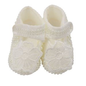 Kız Bebek Ekru İncili Çicek Bandana Patik Set 0-6 Ay