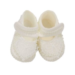 Kız Bebek Ekru İncili Kalpli Dantel Bandana Patik Set 0-6 Ay