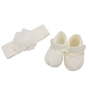 Kız Bebek Ekru İncili Kalpli Dantel Bandana Patik Set 0-6 Ay