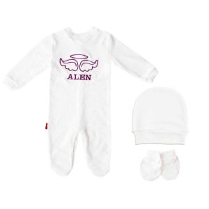 İsme Özel Mor Nakışlı Bereli Eldivenli Kız Bebek Tulum