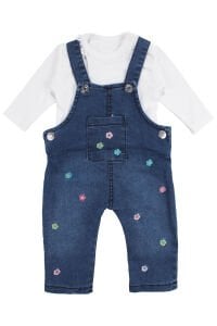 Kız Bebek Ekru Mavi Renkli Çiçek Nakışlı Badili Kot Salopet Tulum