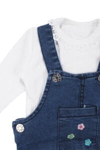 Kız Bebek Ekru Mavi Renkli Çiçek Nakışlı Badili Kot Salopet Tulum