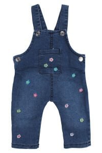 Kız Bebek Ekru Mavi Renkli Çiçek Nakışlı Badili Kot Salopet Tulum