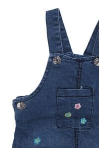 Kız Bebek Ekru Mavi Renkli Çiçek Nakışlı Badili Kot Salopet Tulum