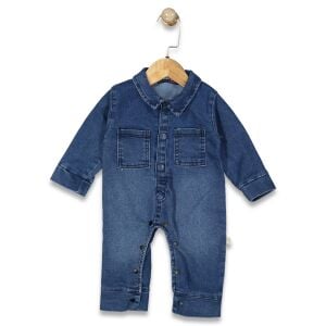 Erkek Bebek Mavi Yakalı Cepli Çıtçıtlı Kot Tulum