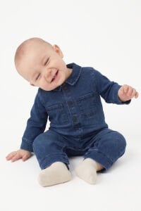 Erkek Bebek Mavi Yakalı Cepli Çıtçıtlı Kot Tulum