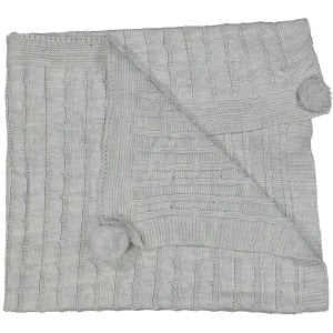 Unisex Bebek Gri Aralıklı Örgülü Desenli Ponponlu Triko Battaniye 80x90
