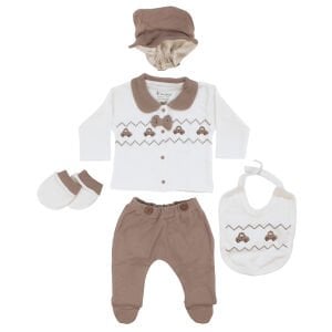 Erkek Bebek Ekru Kahve Araba Nakışlı Yakalı Papyonlu On Parça Hastane Çıkış Seti
