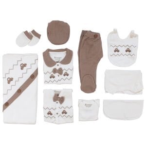 Erkek Bebek Ekru Kahve Araba Nakışlı Yakalı Papyonlu On Parça Hastane Çıkış Seti
