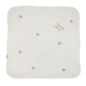 İsme Özel Krem Çift Kat Kalpi Nakışlı Penye Battaniye KAHVE