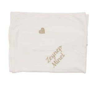 İsme Özel Krem Çift Kat Kalpi Nakışlı Penye Battaniye KAHVE