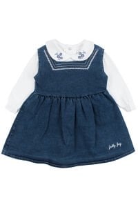 Kız Bebek Beyaz Laci Yakası Çiçek Nakışlı Badili Elbise Takım