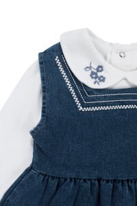 Kız Bebek Beyaz Laci Yakası Çiçek Nakışlı Badili Elbise Takım