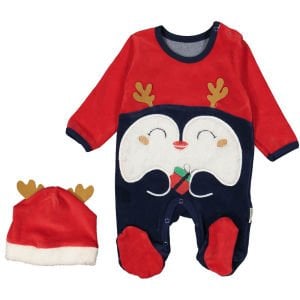 Unisex Kırmızı Laci Noel Penguenli Patikli Kadife Tulum