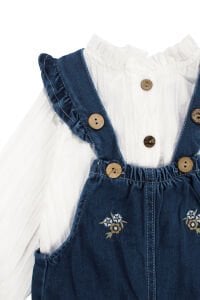 Kız Çocuk Beyaz Laci Çiçek Nakışlı Düğmeli Gömlekli Kot Salopet Takım