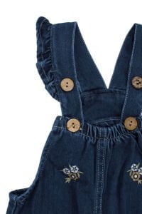 Kız Çocuk Beyaz Laci Çiçek Nakışlı Düğmeli Gömlekli Kot Salopet Takım