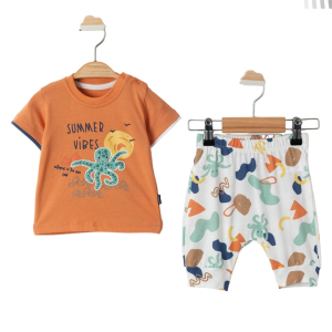 Erkek Bebek Turuncu Beyaz Ahtapotlu Desenli 2'li Takım