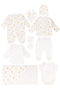 Unisex Ekru Sarı Ördek Baskılı Organik 10 Parça Hastane Çıkış Seti