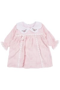Kız Bebek Pembe Nakışlı Yakalı Fistolu Müslin Elbise