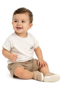Erkek Bebek Soft Yeşil Araba Armalı Bej Şortlu 2'li takım