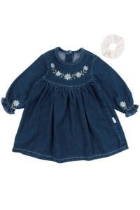 Kız Çocuk Laci Papatya Nakışlı Tokalı Kot Elbise