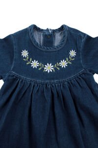 Kız Çocuk Laci Papatya Nakışlı Tokalı Kot Elbise