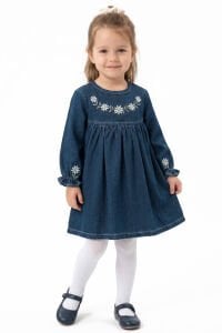 Kız Çocuk Laci Papatya Nakışlı Tokalı Kot Elbise