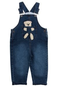 Unisex Laci Ayıcıklı Cepli Kot Salopet Tulum