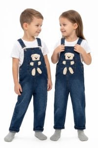 Unisex Laci Ayıcıklı Cepli Kot Salopet Tulum