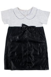 Kız Çocuk Gri Siyah Deri Fiyonklu Elbise