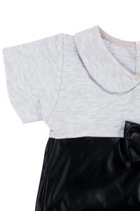 Kız Çocuk Gri Siyah Deri Fiyonklu Elbise