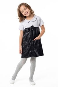 Kız Çocuk Gri Siyah Deri Fiyonklu Elbise