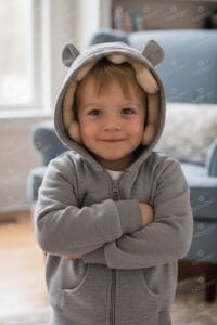 Unisex Kendinden Peluş Oyuncak Ayılı Gri Fermuarlı Kapşonlu Hırka