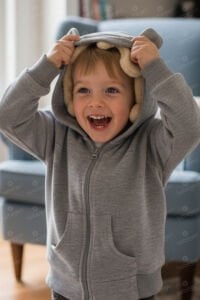 Unisex Kendinden Peluş Oyuncak Ayılı Gri Fermuarlı Kapşonlu Hırka