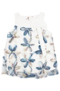 Kız Çocuk Ekru Mavi Tüllü Pullu Çiçek Desenli Fiyonkllu Elbise
