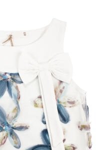 Kız Çocuk Ekru Mavi Tüllü Pullu Çiçek Desenli Fiyonkllu Elbise