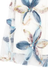 Kız Çocuk Ekru Mavi Tüllü Pullu Çiçek Desenli Fiyonkllu Elbise