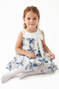 Kız Çocuk Ekru Mavi Tüllü Pullu Çiçek Desenli Fiyonkllu Elbise