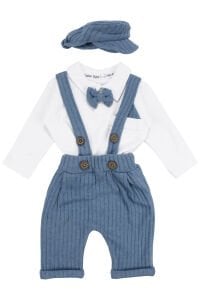 Erkek Bebek Ekru Mavi Papyonlu Şapkalı Fitilli Salopet Takım