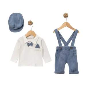 Erkek Bebek Ekru Mavi Papyonlu Şapkalı Fitilli Salopet Takım