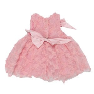 Kız Bebek Pembe Simli Çiçek Motifli Tüllü Fiyonk Tokalı Elbise