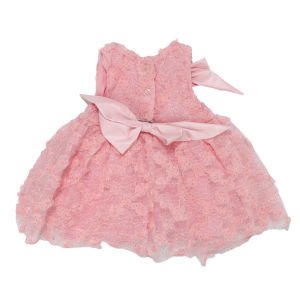 Kız Bebek Pembe Simli Çiçek Motifli Tüllü Fiyonk Tokalı Elbise