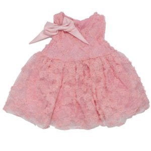 Kız Bebek Pembe Simli Çiçek Motifli Tüllü Fiyonk Tokalı Elbise